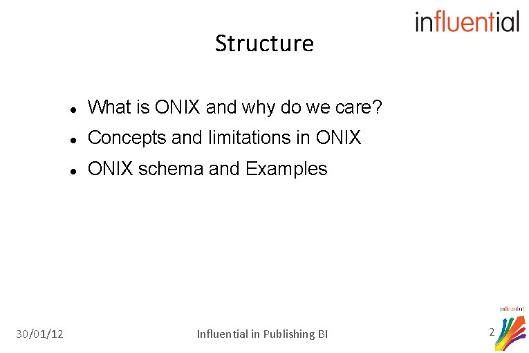 Structure 30/01/12 What is ONIX and why do we care? Concepts and limitations in