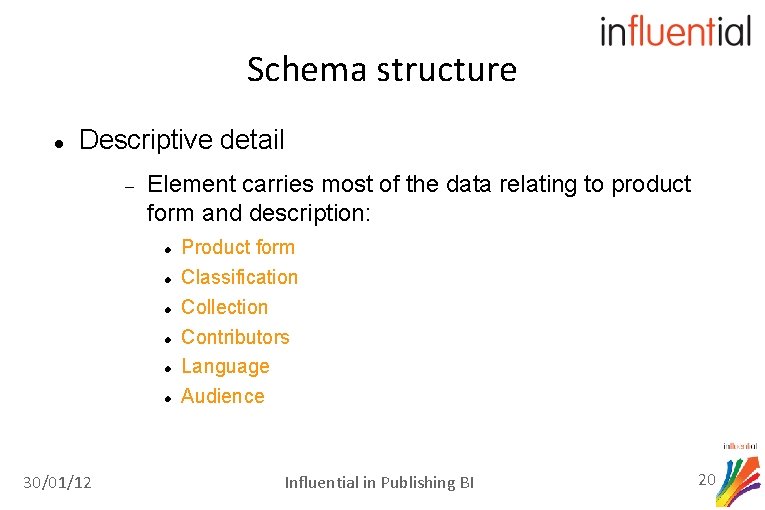 Schema structure Descriptive detail Element carries most of the data relating to product form