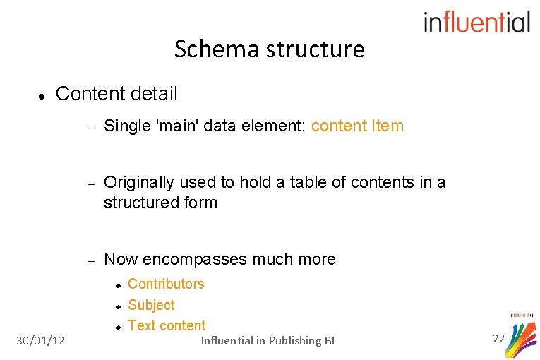 Schema structure Content detail Single 'main' data element: content Item Originally used to hold