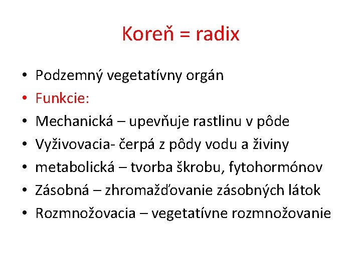 Koreň = radix • • Podzemný vegetatívny orgán Funkcie: Mechanická – upevňuje rastlinu v