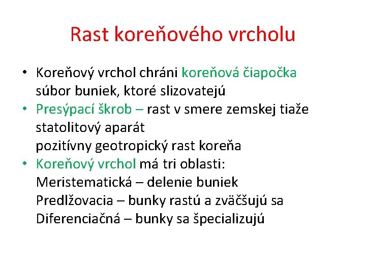 Rast koreňového vrcholu • Koreňový vrchol chráni koreňová čiapočka súbor buniek, ktoré slizovatejú •