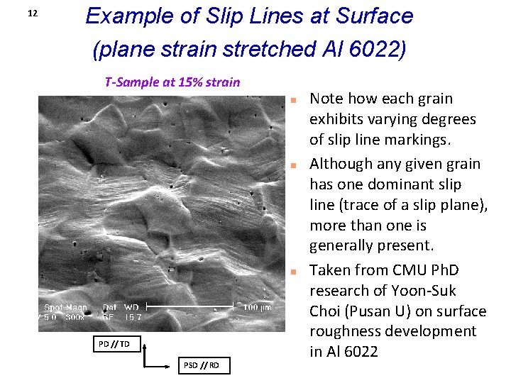 12 Example of Slip Lines at Surface (plane strain stretched Al 6022) T-Sample at