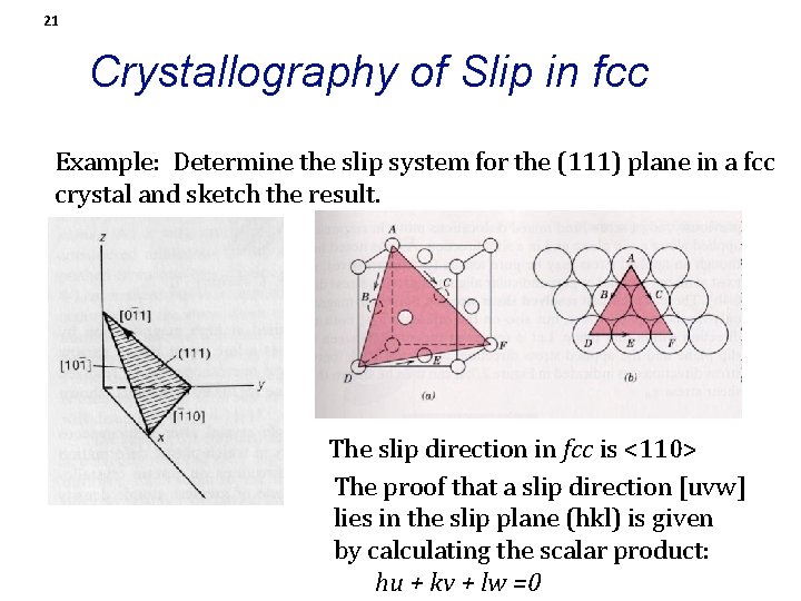 21 Crystallography of Slip in fcc Example: Determine the slip system for the (111)