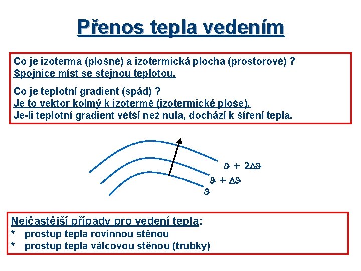 Přenos tepla vedením Co je izoterma (plošně) a izotermická plocha (prostorově) ? Spojnice míst