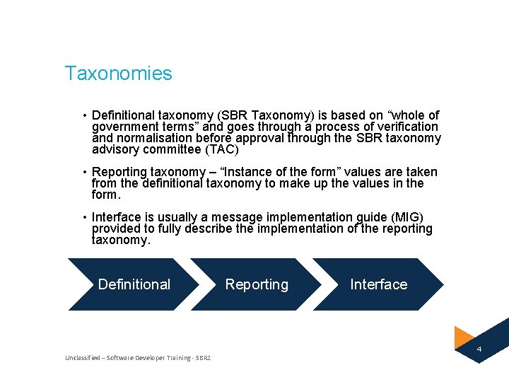 Taxonomies • Definitional taxonomy (SBR Taxonomy) is based on “whole of government terms” and