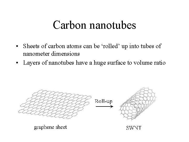 Carbon nanotubes • Sheets of carbon atoms can be ‘rolled’ up into tubes of