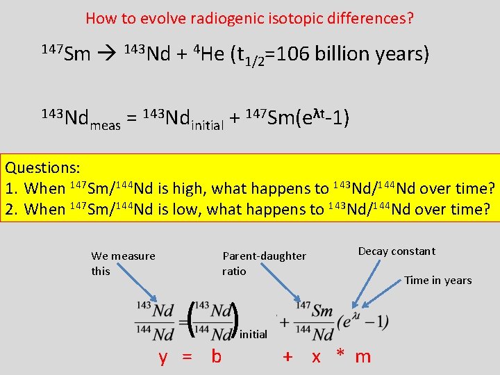 How to evolve radiogenic isotopic differences? 147 Sm 143 Nd + 4 He (t