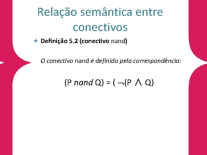 Relação semântica entre conectivos Deﬁnição 5. 2 (conectivo nand) O conectivo nand é deﬁnido
