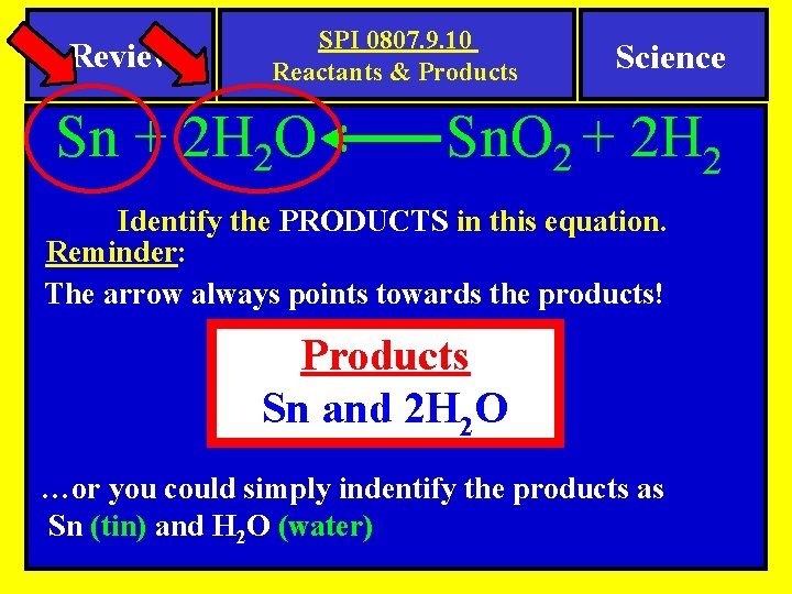 Review SPI 0807. 9. 10 Reactants & Products Sn + 2 H 2 O