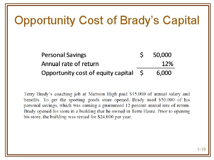 Opportunity Cost of Brady’s Capital 1 -19 