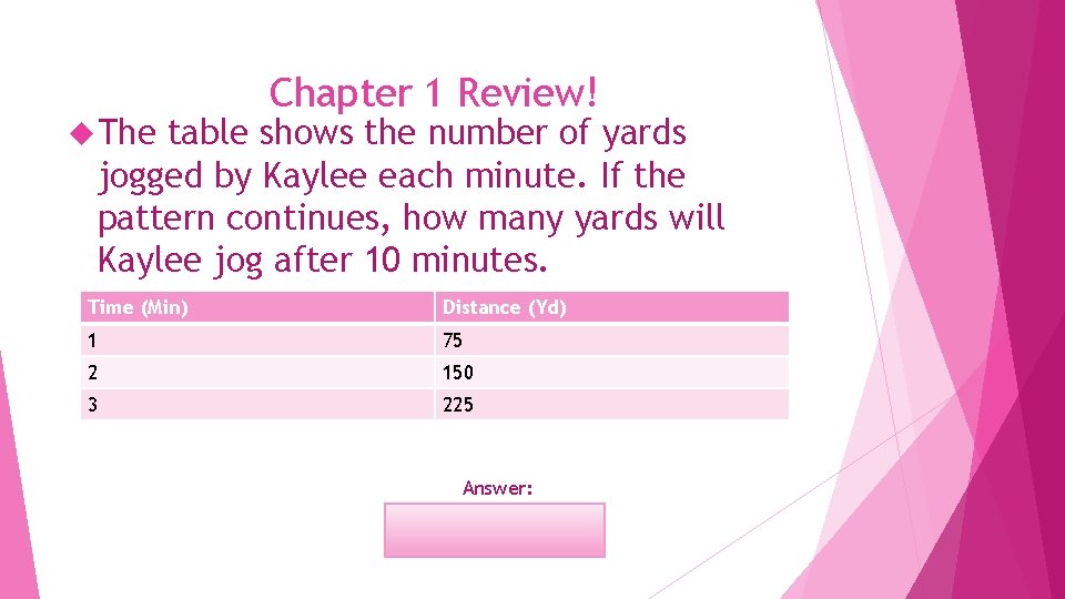 The Chapter 1 Review! table shows the number of yards jogged by Kaylee