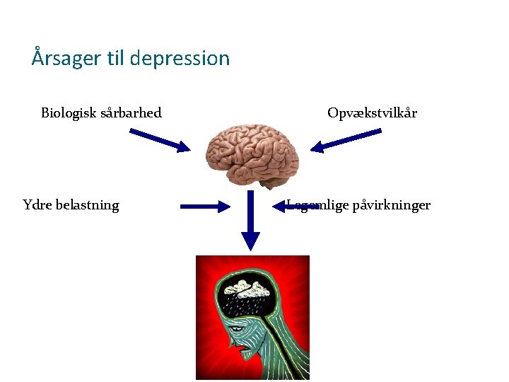Årsager til depression Biologisk sårbarhed Ydre belastning Opvækstvilkår Legemlige påvirkninger Årsager til depression Biologisk sårbarhed Ydre belastning Opvækstvilkår Legemlige påvirkninger