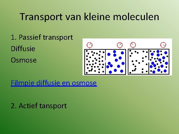 Transport van kleine moleculen 1. Passief transport Diffusie Osmose Filmpje diffusie en osmose 2.