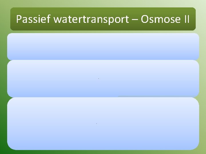 Passief watertransport – Osmose II Elke oplossing heeft een osmotische waarde Hoe meer opgeloste