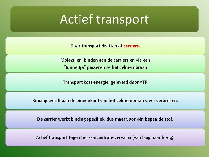 Actief transport Door transporteiwitten of carriers. Moleculen binden aan de carriers en via een