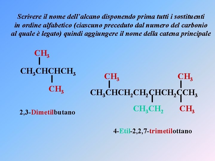 Scrivere il nome dell’alcano disponendo prima tutti i sostituenti in ordine alfabetico (ciascuno preceduto