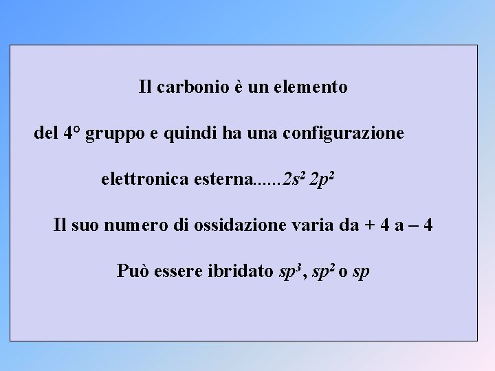 Il carbonio è un elemento del 4° gruppo e quindi ha una configurazione elettronica
