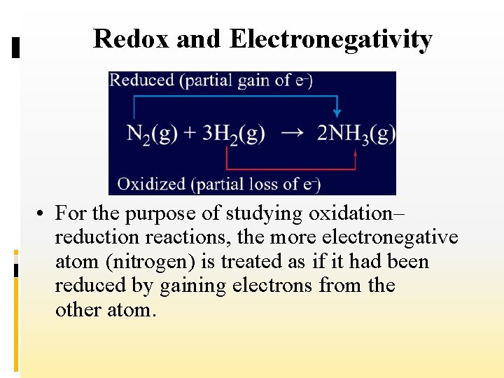 Redox and Electronegativity • For the purpose of studying oxidation– reduction reactions, the more