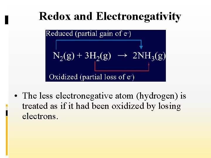 Redox and Electronegativity • The less electronegative atom (hydrogen) is treated as if it