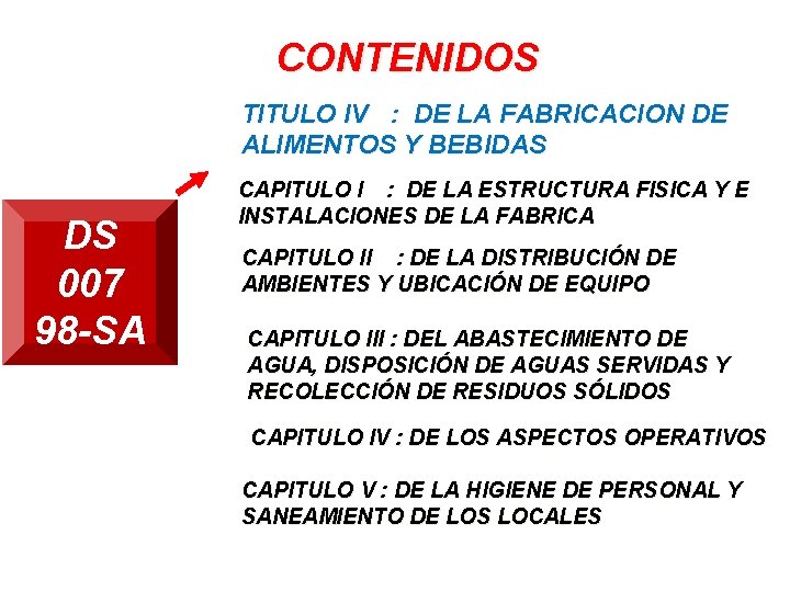 CONTENIDOS TITULO IV : DE LA FABRICACION DE ALIMENTOS Y BEBIDAS DS 007 98