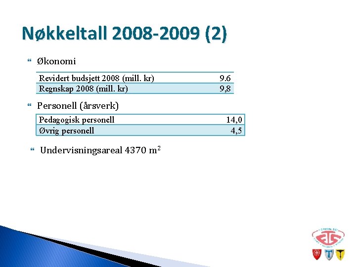Nøkkeltall 2008 -2009 (2) Økonomi Revidert budsjett 2008 (mill. kr) Regnskap 2008 (mill. kr)