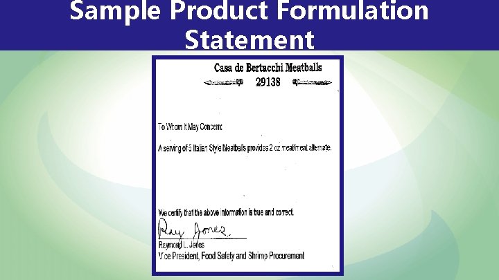 Sample Product Formulation Statement 