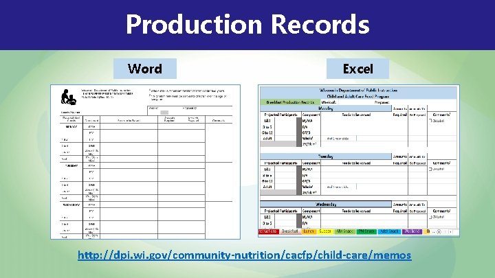 Production Records Word Excel http: //dpi. wi. gov/community-nutrition/cacfp/child-care/memos 