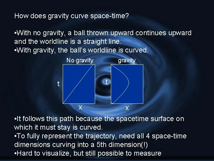 How does gravity curve space-time? • With no gravity, a ball thrown upward continues