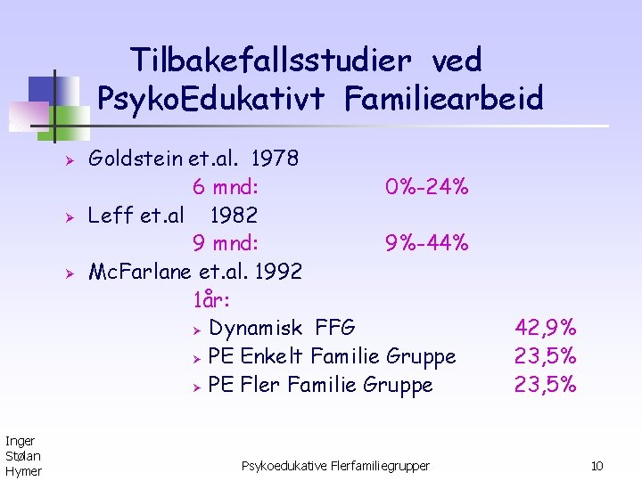 Tilbakefallsstudier ved Psyko. Edukativt Familiearbeid Ø Ø Ø Inger Stølan Hymer Goldstein et. al.
