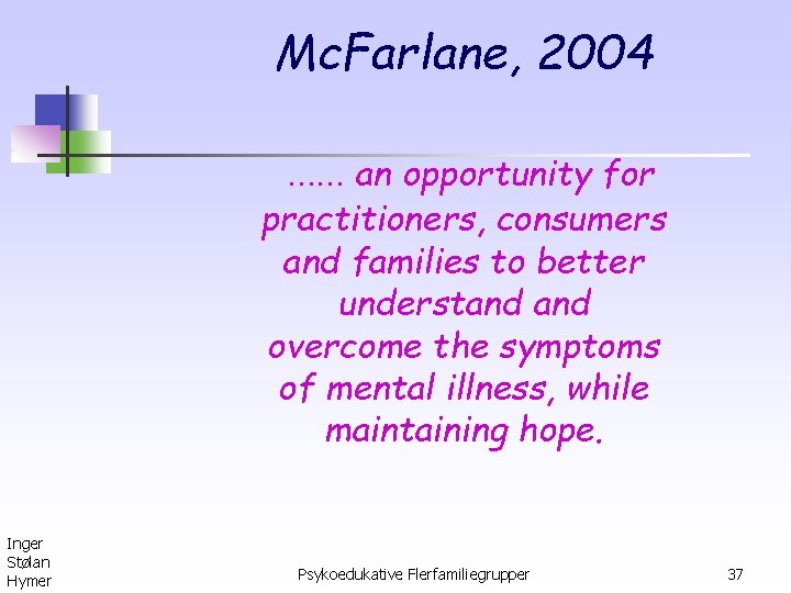 Mc. Farlane, 2004 …… an opportunity for practitioners, consumers and families to better understand