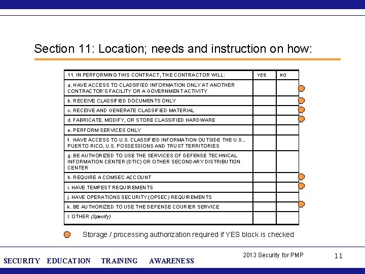 Section 11: Location; needs and instruction on how: 11. IN PERFORMING THIS CONTRACT, THE