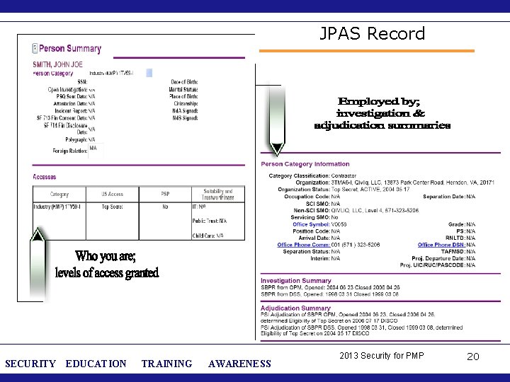 JPAS Record SECURITY EDUCATION TRAINING AWARENESS 2013 Security for PMP 20 