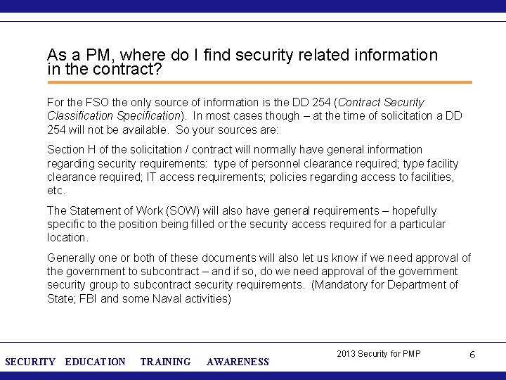 As a PM, where do I find security related information in the contract? For