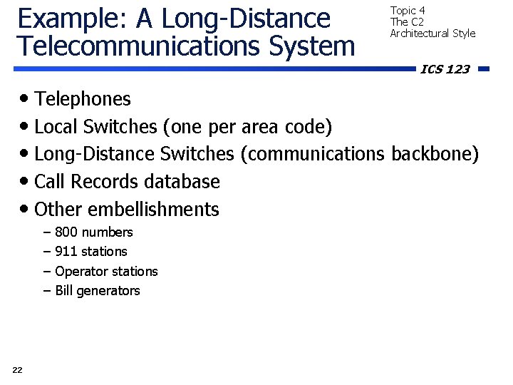 Example: A Long-Distance Telecommunications System Topic 4 The C 2 Architectural Style ICS 123