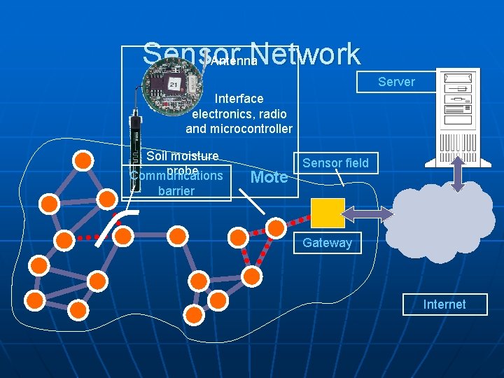 Sensor Network Antenna Server Interface electronics, radio and microcontroller Soil moisture probe Communications barrier