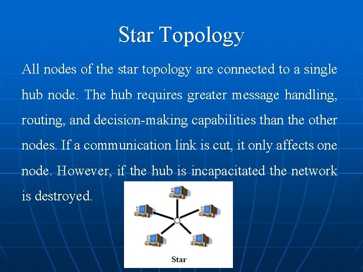 Star Topology All nodes of the star topology are connected to a single hub