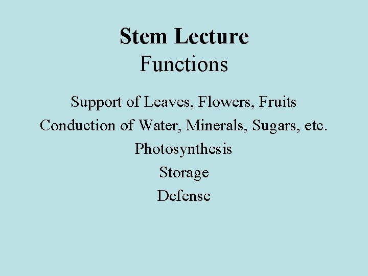 Stem Lecture Functions Support of Leaves, Flowers, Fruits Conduction of Water, Minerals, Sugars, etc. Stem Lecture Functions Support of Leaves, Flowers, Fruits Conduction of Water, Minerals, Sugars, etc.