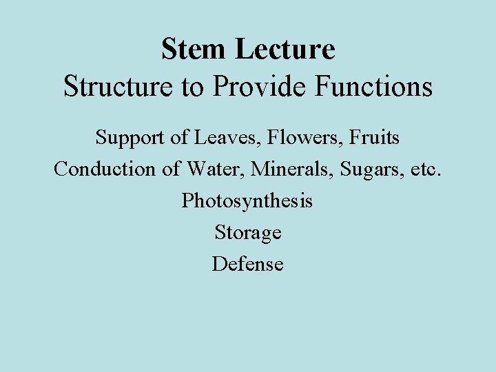 Stem Lecture Structure to Provide Functions Support of Leaves, Flowers, Fruits Conduction of Water, Stem Lecture Structure to Provide Functions Support of Leaves, Flowers, Fruits Conduction of Water,