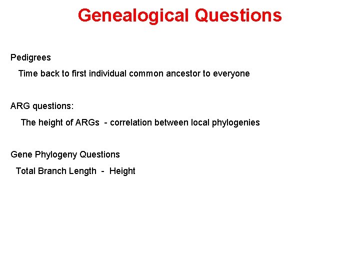 Genealogical Questions Pedigrees Time back to first individual common ancestor to everyone ARG questions: