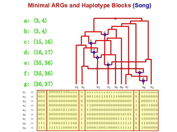 Minimal ARGs and Haplotype Blocks (Song) a: (3, 4) b: (3, 4) c: (15,