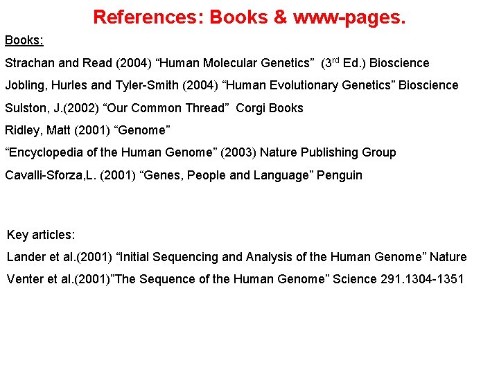 References: Books & www-pages. Books: Strachan and Read (2004) “Human Molecular Genetics” (3 rd