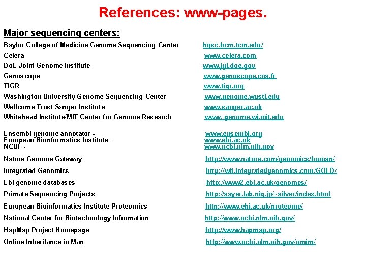 References: www-pages. Major sequencing centers: Baylor College of Medicine Genome Sequencing Center hgsc. bcm.