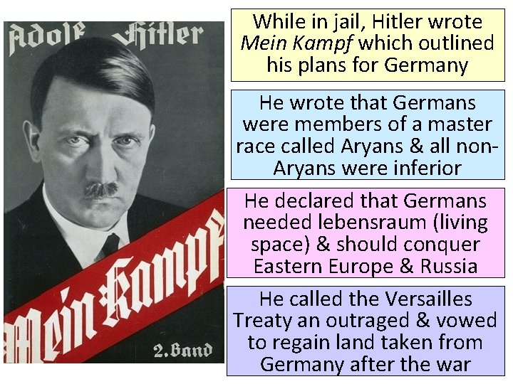 While in jail, Hitler wrote Mein Kampf which outlined his plans for Germany He