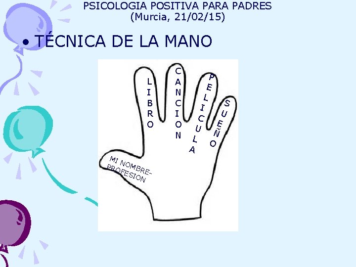 PSICOLOGIA POSITIVA PARA PADRES (Murcia, 21/02/15) • TÉCNICA DE LA MANO L I B