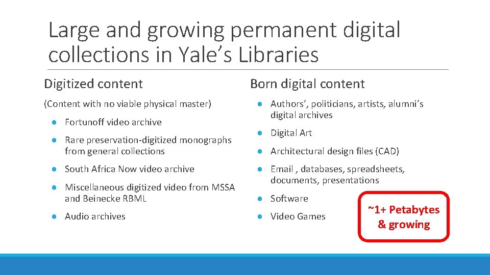 Large and growing permanent digital collections in Yale’s Libraries Digitized content (Content with no