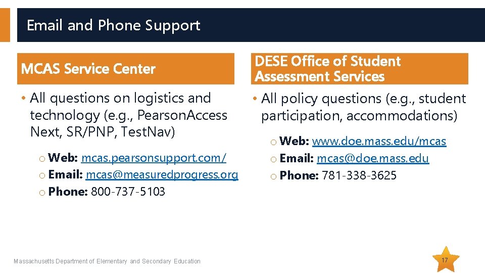 Email and Phone Support MCAS Service Center • All questions on logistics and technology