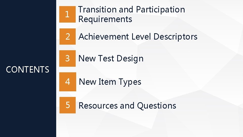 1 Transition and Participation Requirements 2 Achievement Level Descriptors 3 New Test Design 4