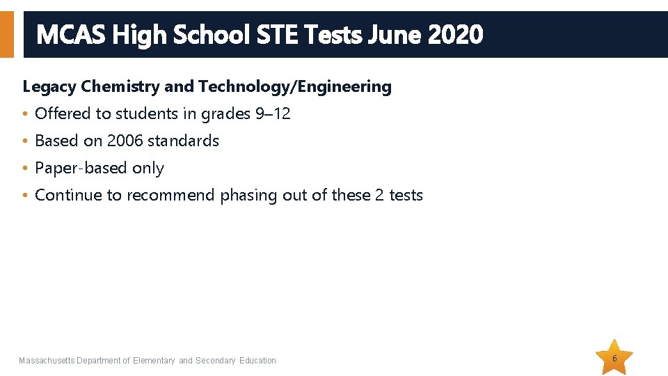 MCAS High School STE Tests June 2020 Legacy Chemistry and Technology/Engineering • Offered to