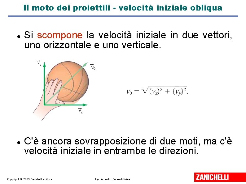 Il moto dei proiettili - velocità iniziale obliqua Si scompone la velocità iniziale in