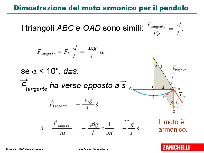 Dimostrazione del moto armonico per il pendolo I triangoli ABC e OAD sono simili: